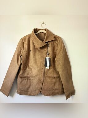 BV Clothing Tan Faux Suede Asymmetrical Zip Blazer Jacket L NWT